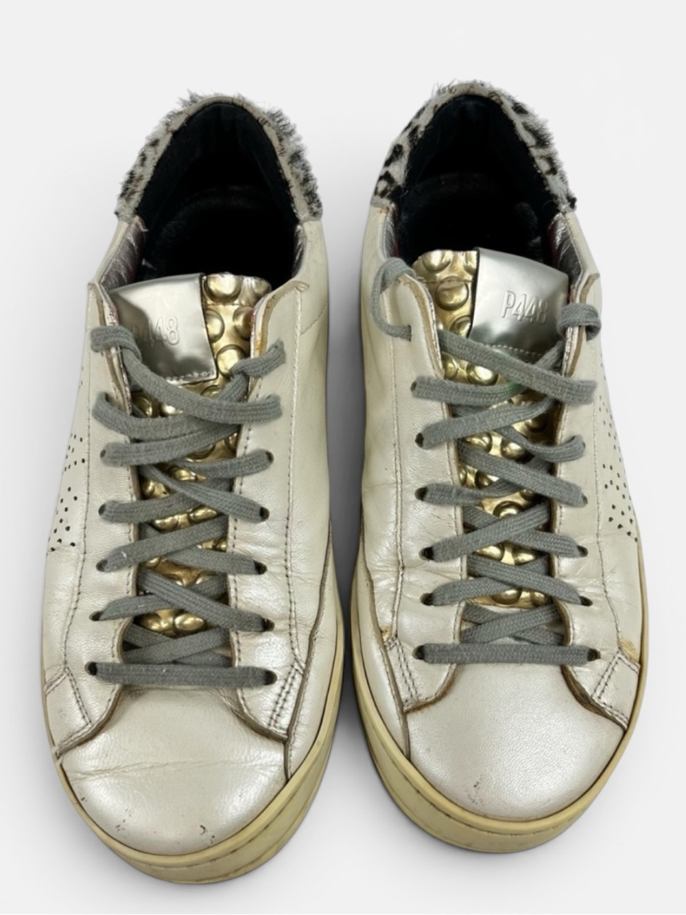 P448 John Low Top Sneakers Pearlized White with Gold and Animal Print Women 37